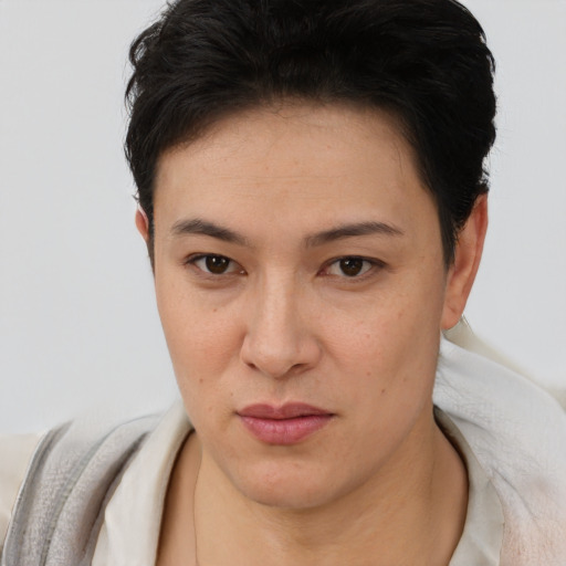 Neutral asian young-adult female with short  brown hair and brown eyes