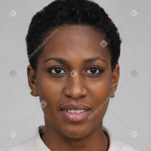 Joyful black young-adult female with short  black hair and brown eyes