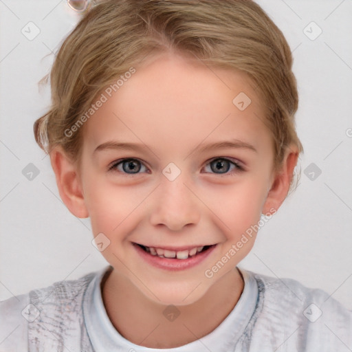 Joyful white child female with short  brown hair and grey eyes