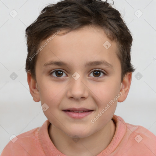 Joyful white child female with short  brown hair and brown eyes