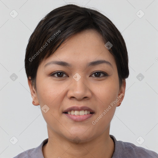 Joyful asian young-adult female with short  brown hair and brown eyes