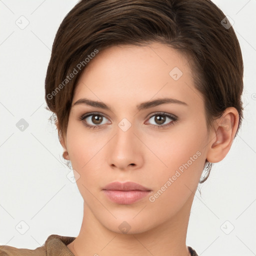 Neutral white young-adult female with short  brown hair and brown eyes