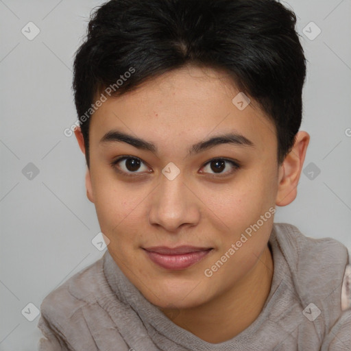 Joyful asian young-adult female with short  brown hair and brown eyes