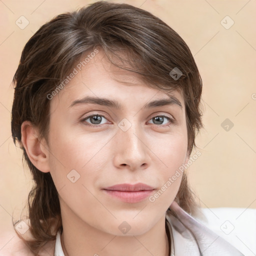 Neutral white young-adult female with medium  brown hair and grey eyes