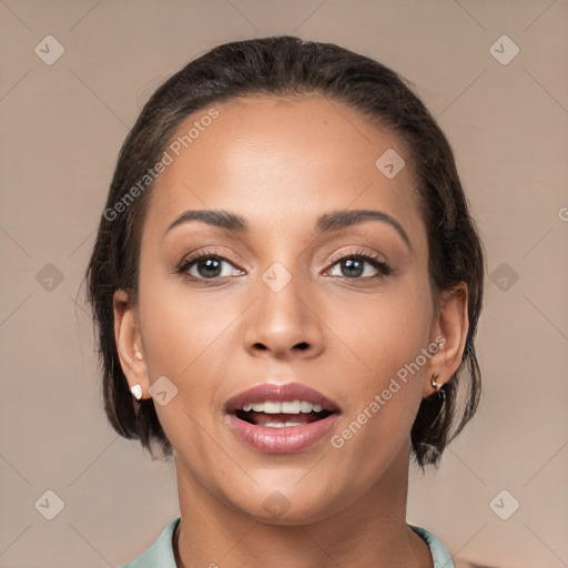 Joyful white young-adult female with medium  brown hair and brown eyes