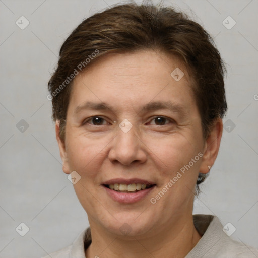 Joyful white adult female with short  brown hair and brown eyes