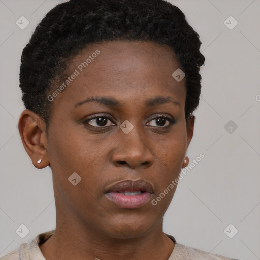 Neutral black young-adult female with short  black hair and brown eyes