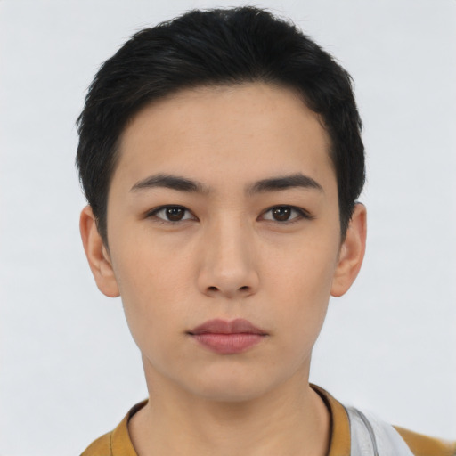 Neutral asian young-adult female with short  black hair and brown eyes