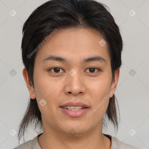 Joyful white young-adult female with medium  brown hair and brown eyes