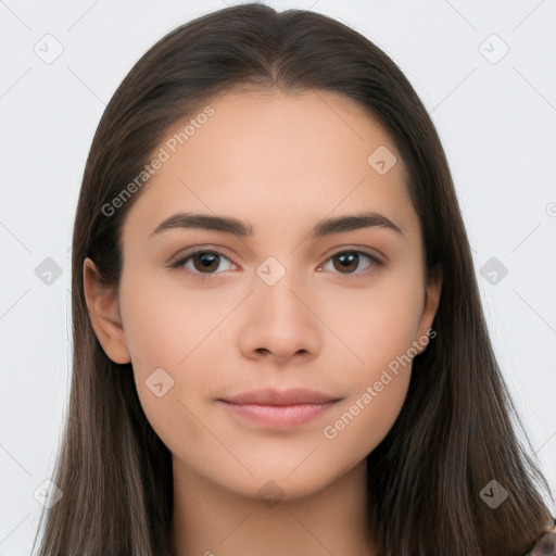 Neutral white young-adult female with long  brown hair and brown eyes