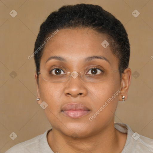Neutral black young-adult female with short  brown hair and brown eyes