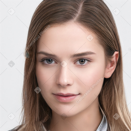 Neutral white young-adult female with long  brown hair and brown eyes