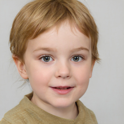 Joyful white child female with medium  brown hair and blue eyes