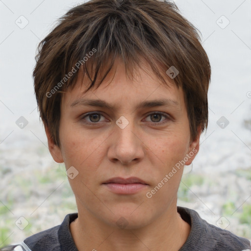 Neutral white young-adult female with short  brown hair and brown eyes