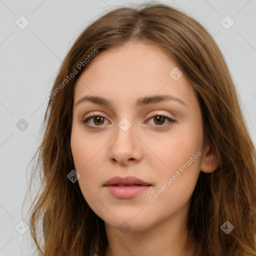 Neutral white young-adult female with long  brown hair and brown eyes