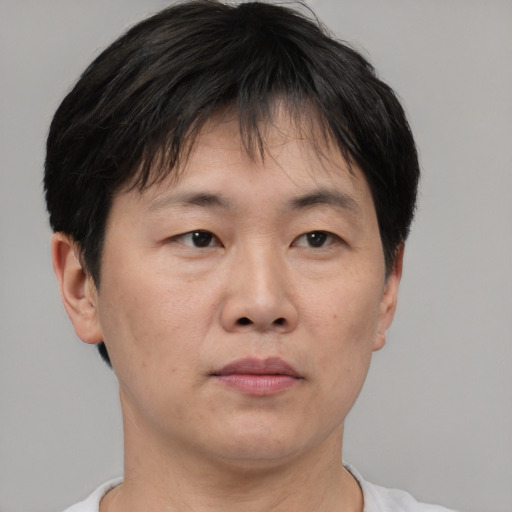 Neutral asian adult male with short  brown hair and brown eyes