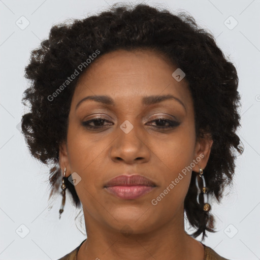 Joyful black adult female with medium  brown hair and brown eyes