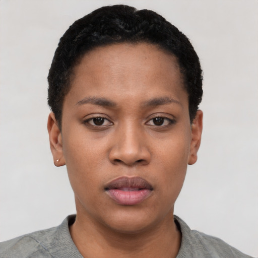 Neutral latino young-adult female with short  black hair and brown eyes