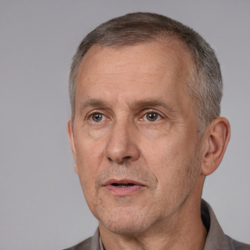 Neutral white middle-aged male with short  brown hair and brown eyes