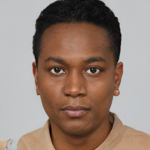 Neutral black young-adult male with short  black hair and brown eyes