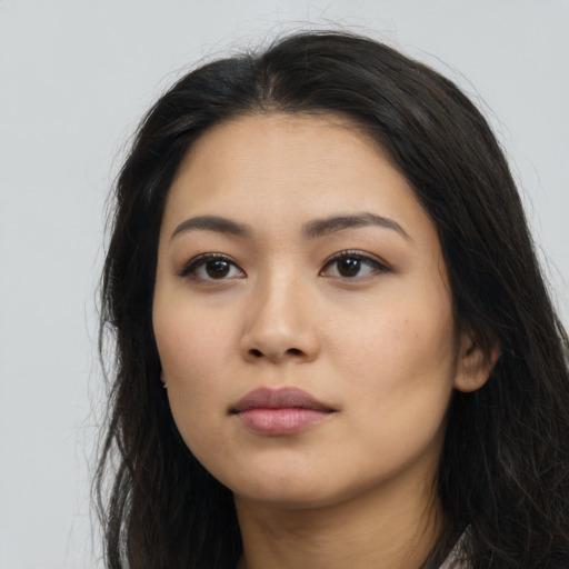 Neutral asian young-adult female with long  black hair and brown eyes