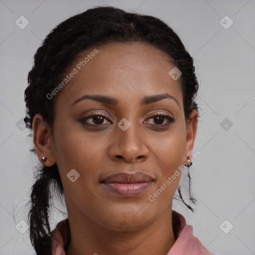 Joyful black young-adult female with medium  brown hair and brown eyes