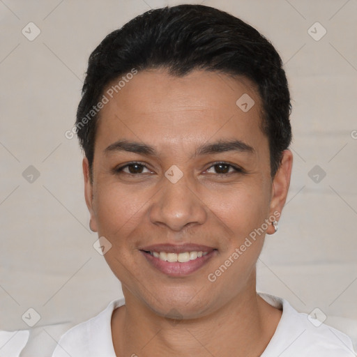 Joyful white young-adult male with short  black hair and brown eyes