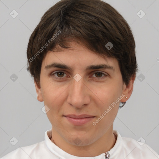 Joyful white young-adult male with short  brown hair and brown eyes