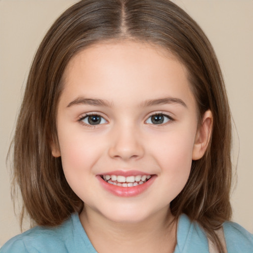 Joyful white child female with medium  brown hair and brown eyes