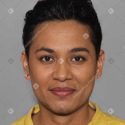 Joyful latino young-adult female with short  brown hair and brown eyes