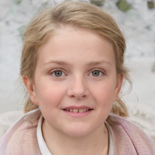 Joyful white child female with medium  brown hair and blue eyes