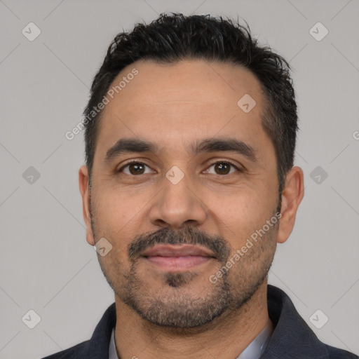 Neutral white adult male with short  black hair and brown eyes