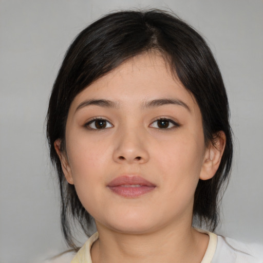 Neutral asian young-adult female with medium  brown hair and brown eyes