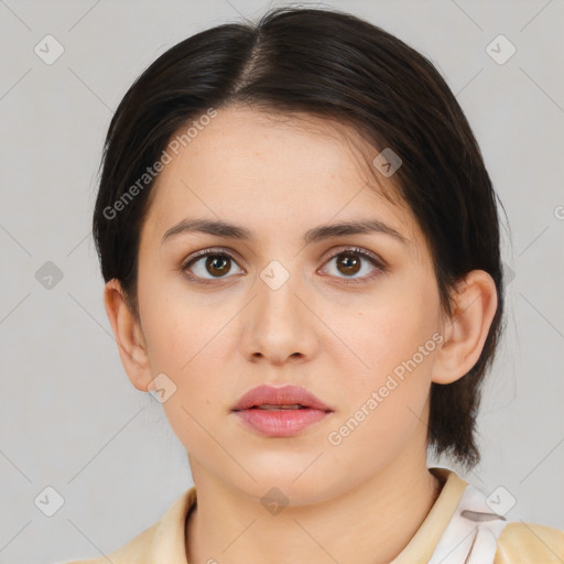 Neutral white young-adult female with medium  brown hair and brown eyes