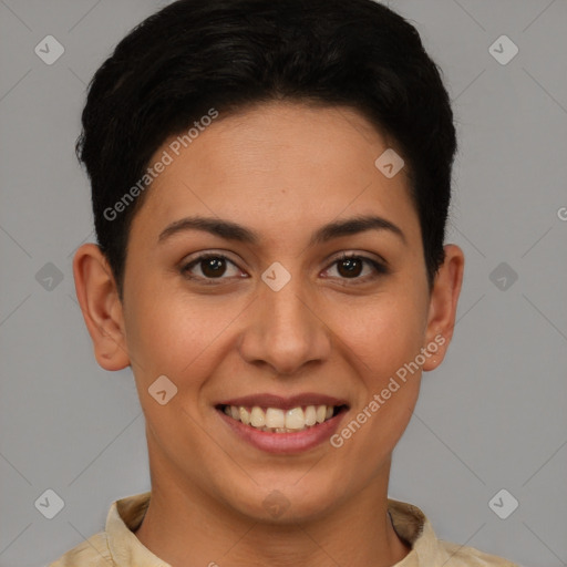 Joyful white young-adult female with short  brown hair and brown eyes