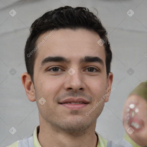 Neutral white young-adult male with short  brown hair and brown eyes