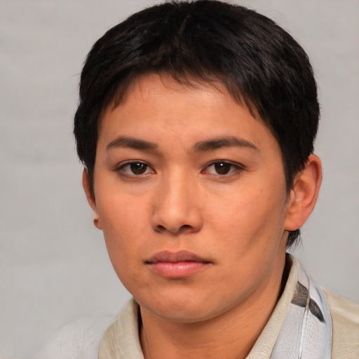 Neutral asian young-adult female with short  brown hair and brown eyes