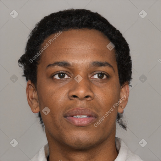 Neutral black young-adult male with short  black hair and brown eyes