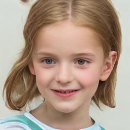 Joyful white child female with medium  brown hair and grey eyes