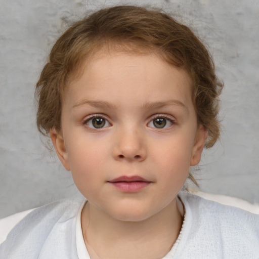 Neutral white child female with short  brown hair and blue eyes