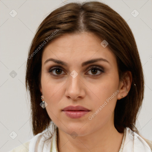 Neutral white young-adult female with medium  brown hair and brown eyes