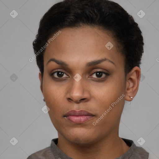 Neutral black young-adult female with short  brown hair and brown eyes