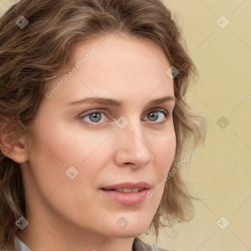 Joyful white young-adult female with medium  brown hair and green eyes