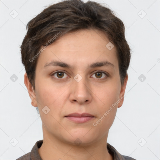 Neutral white young-adult female with short  brown hair and brown eyes