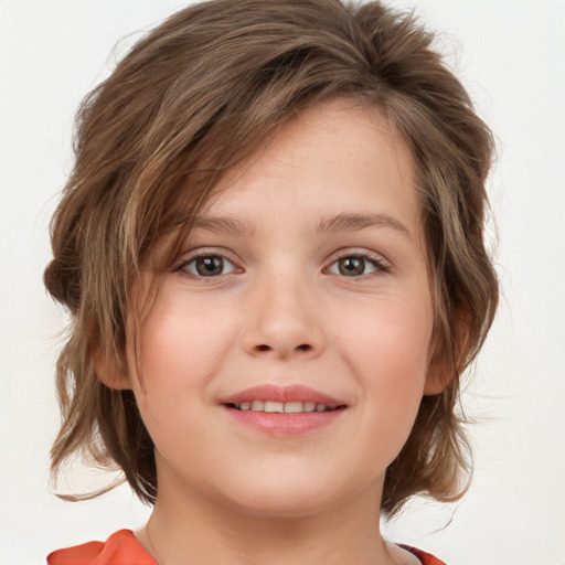 Joyful white child female with medium  brown hair and blue eyes