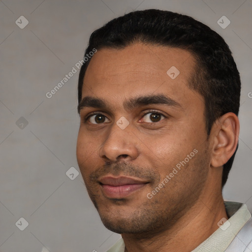 Neutral white young-adult male with short  black hair and brown eyes