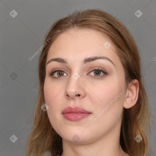 Joyful white young-adult female with long  brown hair and grey eyes