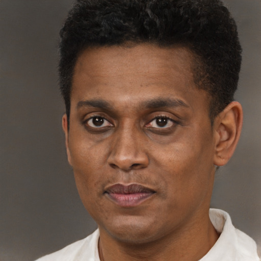 Joyful black young-adult male with short  brown hair and brown eyes