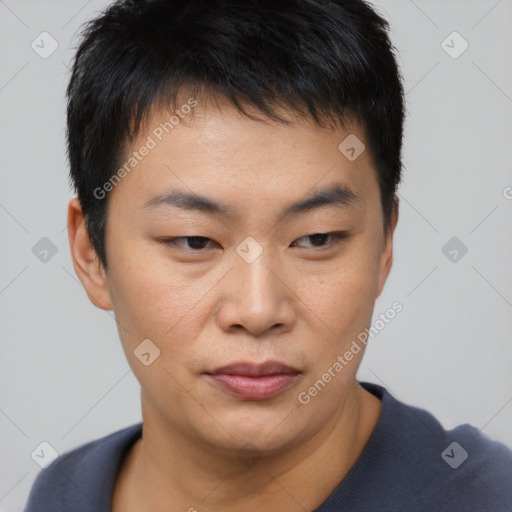 Neutral asian young-adult male with short  black hair and brown eyes