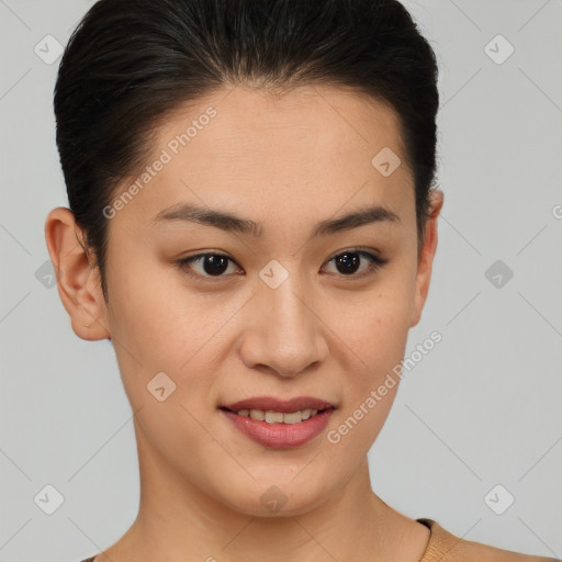 Joyful latino young-adult female with short  brown hair and brown eyes